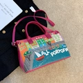 Pink and green Portofino patchwork tote bag with embroidery and crocodile texture - Rose Pink