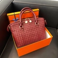 Burgundy woven leather tote handbag in luxury orange gift box with gold dual zippers - Red