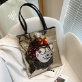 Golden sequin tote bag with cartoon pig embroidery and black leather handles - Gold Sequin Pig Head with Bow