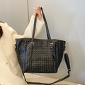 Classic black woven leather tote bag with gold hardware and adjustable shoulder strap - Black