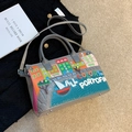 Grey textured handbag with colorful Portofino embroidery and detachable strap - Light Gray