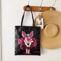 Large black sequin tote bag featuring a pink cartoon pig design with leather handles - Black Sequin Pink Pig with Purple Glasses