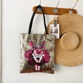 Large capacity silver sequin tote bag with chic cartoon pig design and LGF logo details - Gold Sequin Pink Pig with Red Dress