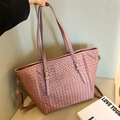 Dusty rose woven leather tote bag with classic double handles and crossbody strap - Pink