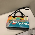 Black crocodile embossed leather bag with colorful Portofino embroidery and sequins - Black