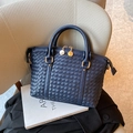 French style navy blue woven handbag with gold hardware and spacious interior - Blue