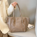 Khakifarbene gewebte Leder-Shopper-Tasche mit edler Struktur und Goldschnallen - Khaki