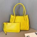 Woven bright yellow leather tote and matching zipper pouch set in a minimalist style - Yellow