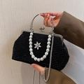 Elegant black rhinestone evening bag with silver metal handle and pearl strap detail - Black