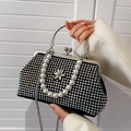 Luxury black rhinestone evening clutch bag with rainbow crystals and pearl handle - Colorful