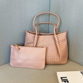 Pink woven leather tote bag with matching inner pouch in retro minimalist style - Pink