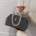 Elegant black velvet evening bag with silver rhinestones and a round pearl handle - Silver