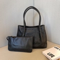 Large black woven tote bag and pouch set with fine leather texture for daily commute - Black