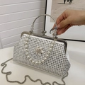 White satin rhinestone evening bag with crystal flower motif and pearl handle - White