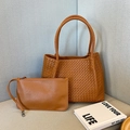 Brown woven leather tote bag and matching wristlet clutch set with textured finish - Brown