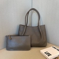 Deep brown woven tote bag set with matching zipper pouch and classic handcrafted texture - Gray