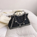 Elegant black and gold tweed evening bag with faux pearls and silver chain handle - Black