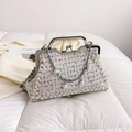 Elegant multi-color tweed clutch with faux pearl trim and silver handle chain - White