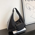 Bolso hobo de nailon negro con rayas blancas y mini estuche a juego para gimnasio - Negro