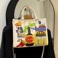 Sac fourre-tout crème style mexicain avec broderies colorées et cuir embossé crocodile - Blanc Cassé