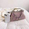 Elegant pink tweed clutch bag with pearl trim and vintage metal handle crossbody strap - Pink