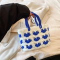 Handmade crochet tote bag in contrast white and royal blue floral knit design - Blue