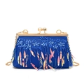 Blue sequin evening clutch bag with fringe tassels and gold chain shoulder strap - Blue