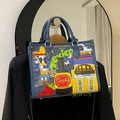 Sac cabas en cuir bleu foncé avec broderies mexicaines et motifs cactus guitare - Bleu