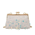 Chic cream evening bag with white sequin flowers and holographic tassels on a gold frame - White