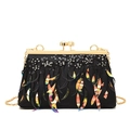 Vintage evening bag in black sequins and rainbow fringe with pearl clasp and gold chain - Black