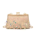 Champagne gold evening clutch with sequins, floral embroidery, and laser tassels - Gold