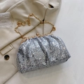 Elegante silberne Pailletten-Abendtasche mit Goldkette und Blumenkristall-Verschluss - Silber