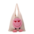Cremefarbene Stricktasche mit rosa Herz-Augen-Smiley und verspielten 3D-Beinen - Rosa