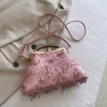 Elegante rosa Pailletten-Abendtasche mit Holzgriff und Umhängeriemen für Damen - Rosa