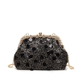 Schwarze Pailletten-Abendtasche mit goldenem Strassrahmen und abnehmbarer Kette - Schwarz