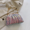 Iridescent sequin evening clutch bag with golden floral rhinestone clasp and chain strap - Pink
