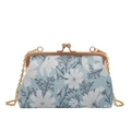 Vintage light blue floral jacquard handbag with elegant gold metal frame and chain - Blue