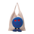Beigefarbene gewebte Beuteltasche mit blauem Herz-Augen-Smiley und Füßen - Blau