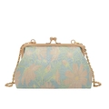Retro light blue floral jacquard frame clutch with gold kiss-lock and chain strap - Green