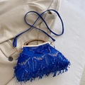 Royal blue sequin evening bag with tassels, wooden handle and crossbody strap - Blue