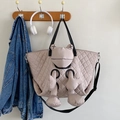 Beige quilted tote bag with unique 3D frog plush doll and black shoulder straps - Grey Khaki