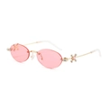 Chic rimless oval sunglasses with pink lenses, gold metal frame and crystal cross detail - Gold/Pink