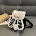 Zaino di peluche a orecchie di coniglio bianco e nero con etichetta Happy Days e scacchi - Nero