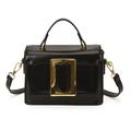 Minimalist black box handbag with large gold buckle and detachable crossbody strap - Black