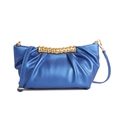 Bolso de noche plisado azul metálico con asa dorada trenzada y correa de hombro - Azul