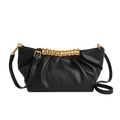 Bolso bandolera fruncido negro clásico con cierre en espiral dorado y correa de cuero - Negro