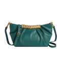Dark green ruched leather crossbody bag with minimalist gold metal ring handle - Green