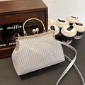 Silver woven evening clutch bag with pearl clasp and rhinestone frame detail - 23*8*17 / Silver