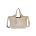 Beigefarbene Bucket Bag aus genarbtem Leder mit Silberring und Tragegriff - Weiß