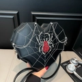 Gothic black heart crossbody bag with spider web stitching and rhinestone spider detail - Black Spider
